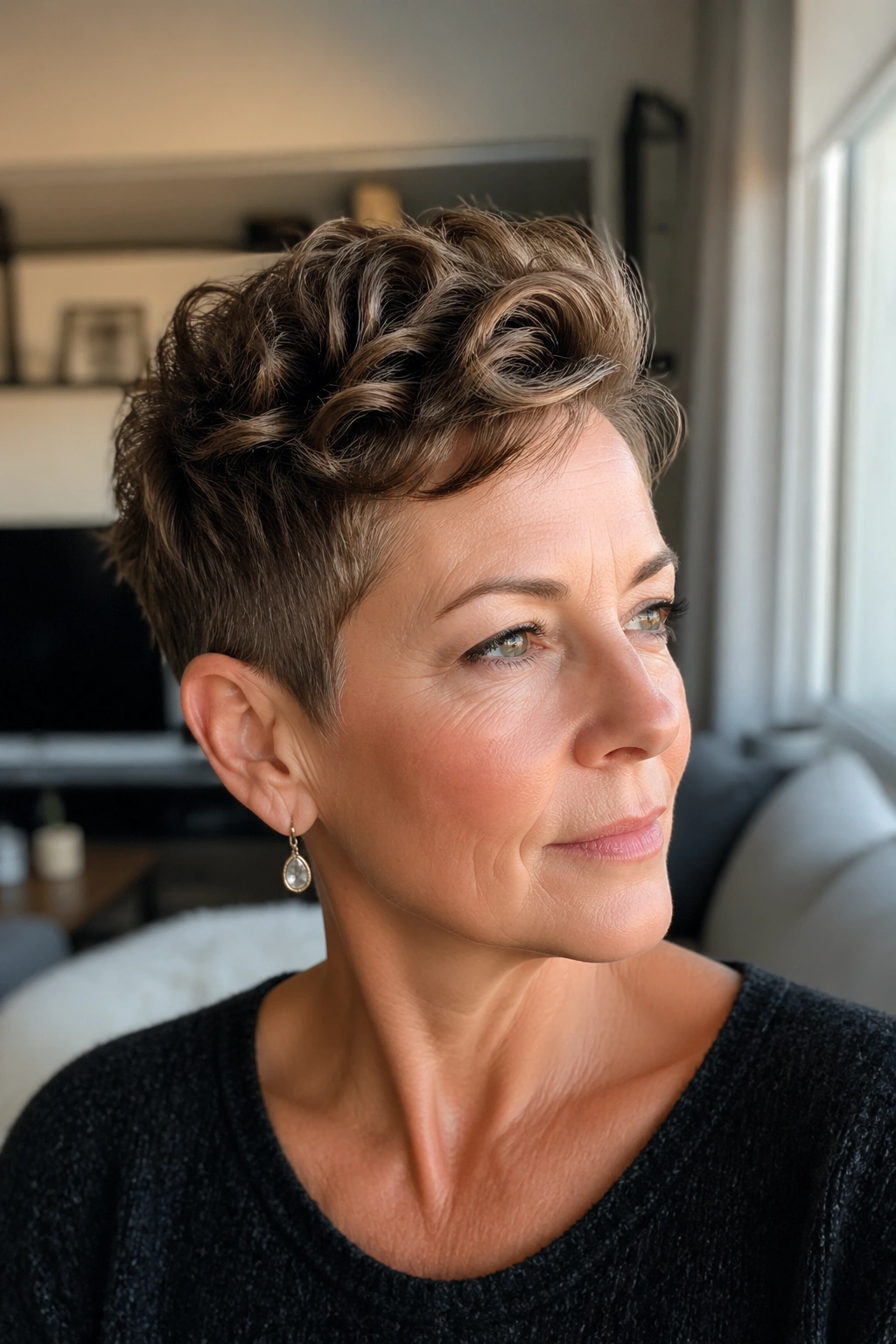 Close-up of a real woman wearing a tapered pixie with a wavy top in natural light