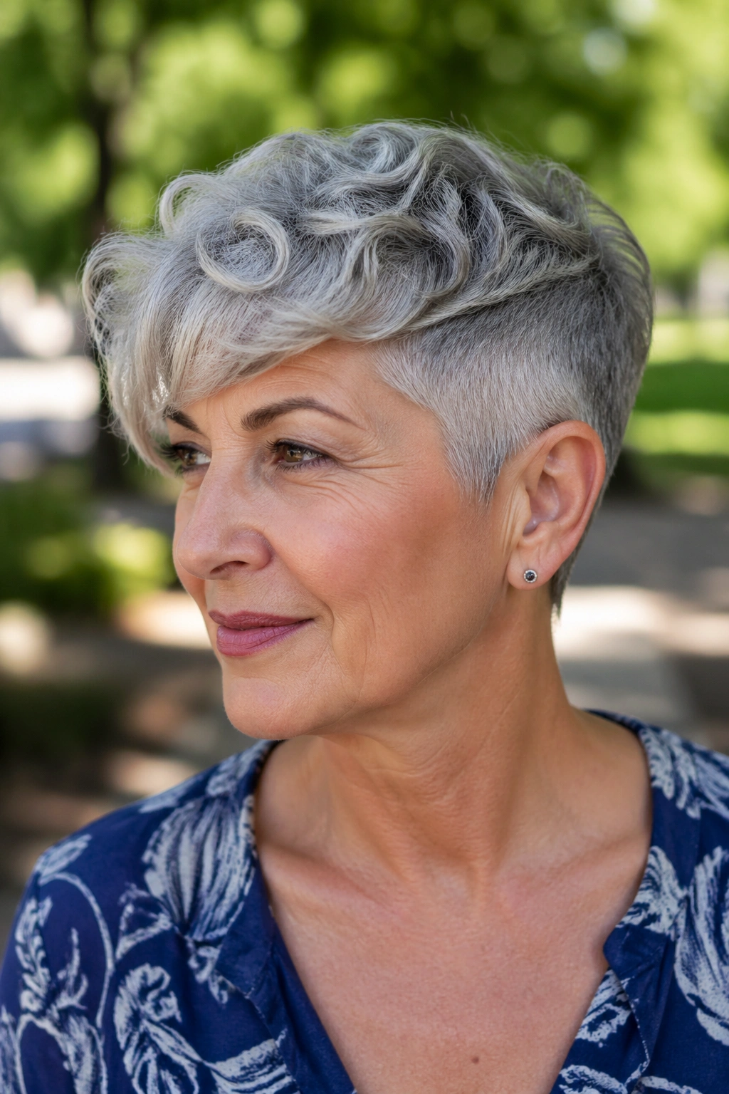 Close-up of a real woman with a tapered pixie and wavy top in a sunlit park.