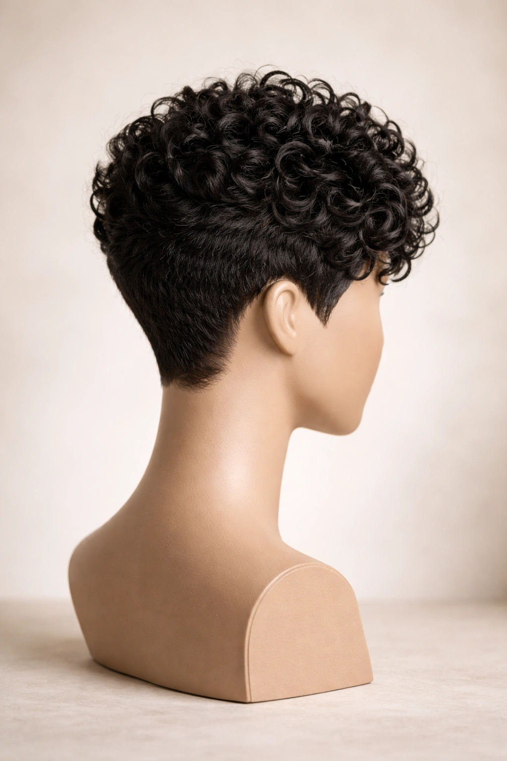 Close-up view of The Tapered Pixie Cut wig on a mannequin with cropped nape and crown curls in studio lighting
