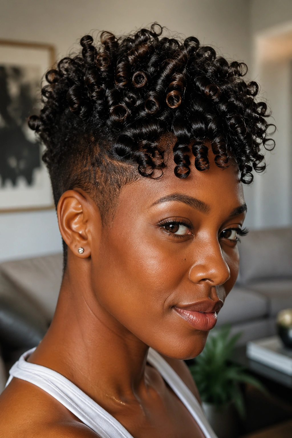 Close-up of a real person with tapered ringlet curls on top and short sides