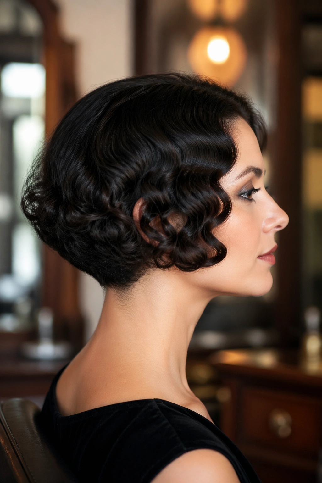 Side-profile of a woman with tapered shingle bob and finger-waved ends