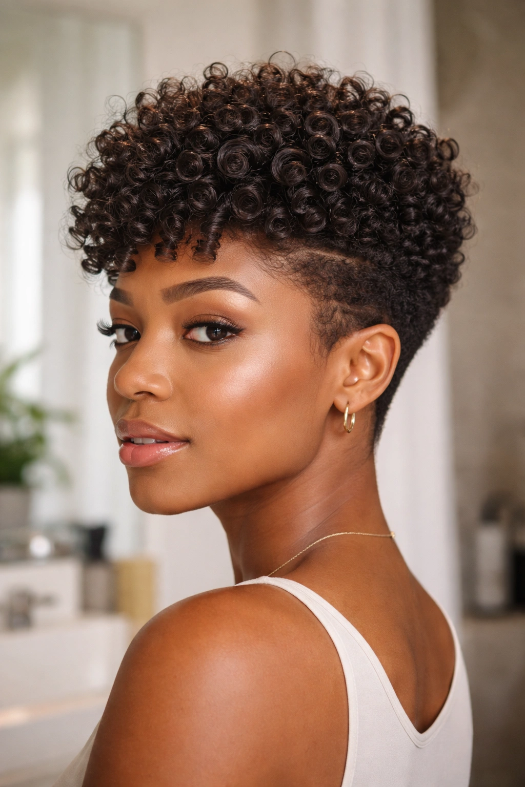 Close-up of a real woman with tapered short curls