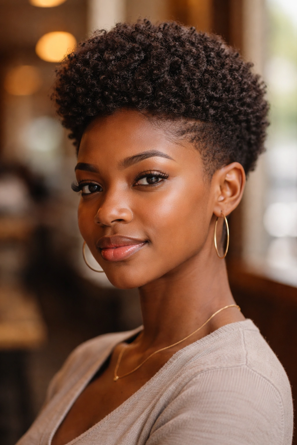 Close-up of a real woman with tapered sides afro on short 4C hair.