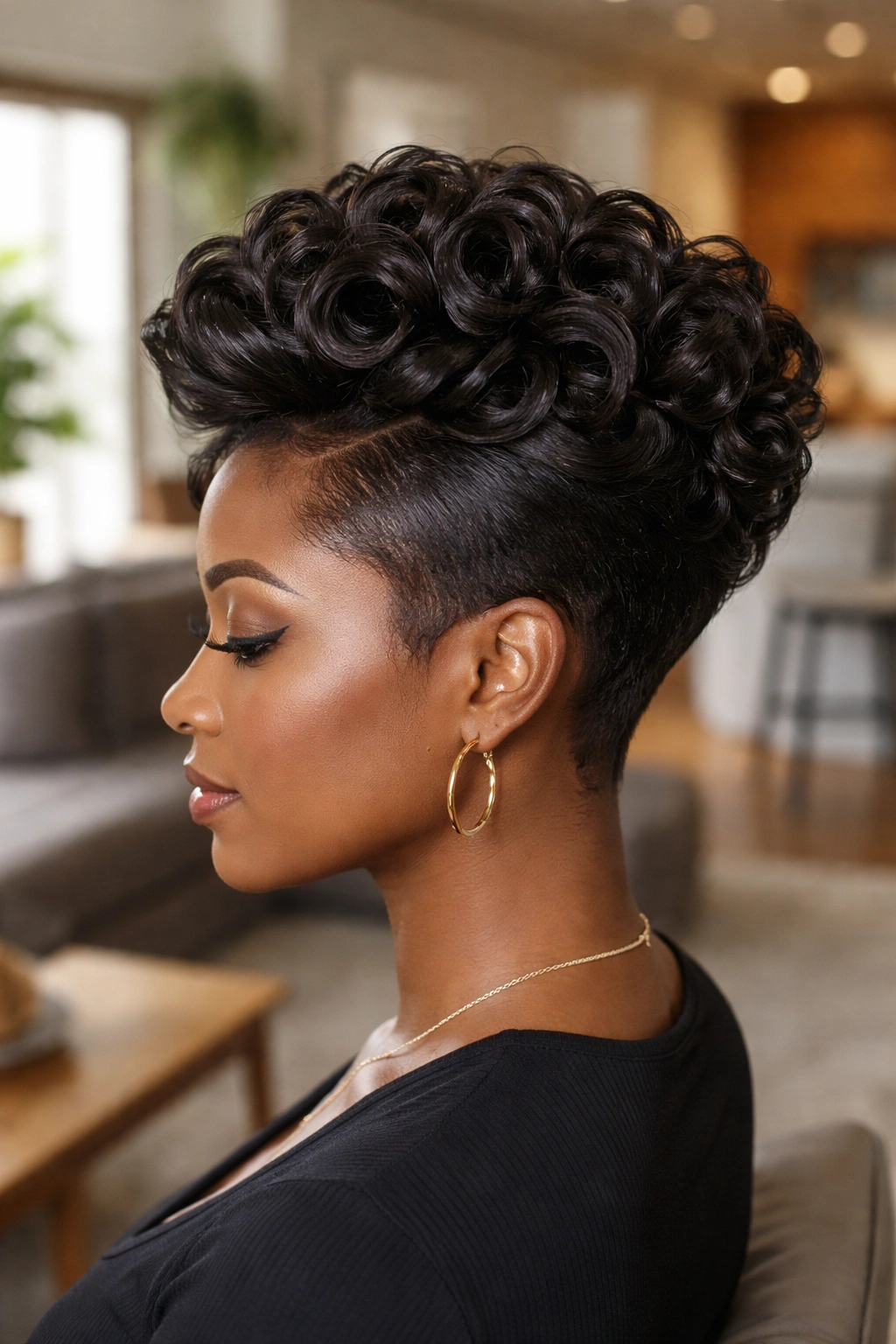 Close-up of a tapered cut silk press with a curled crown on a real person.