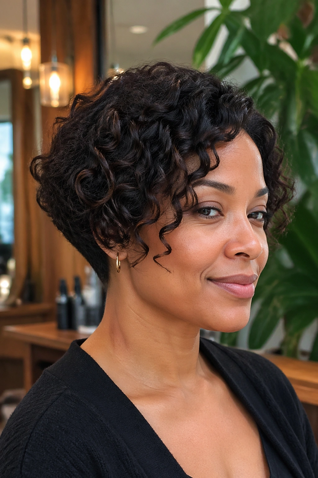 Close-up portrait of a real woman with tapered stacked bob
