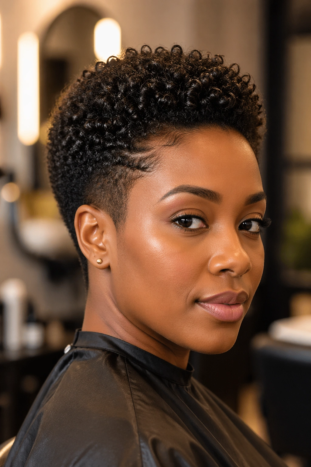 Close-up portrait of a woman with a tapered TWA and defined coils in a salon setting
