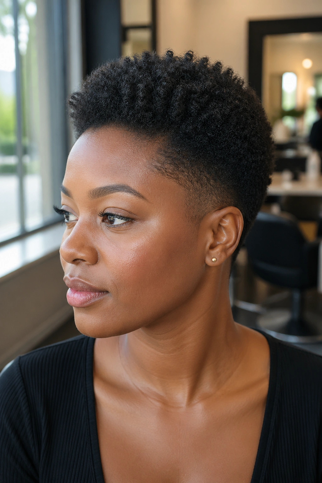 Close-up portrait of woman with Tapered TWA hairstyle featuring voluminous crown and tapered sides