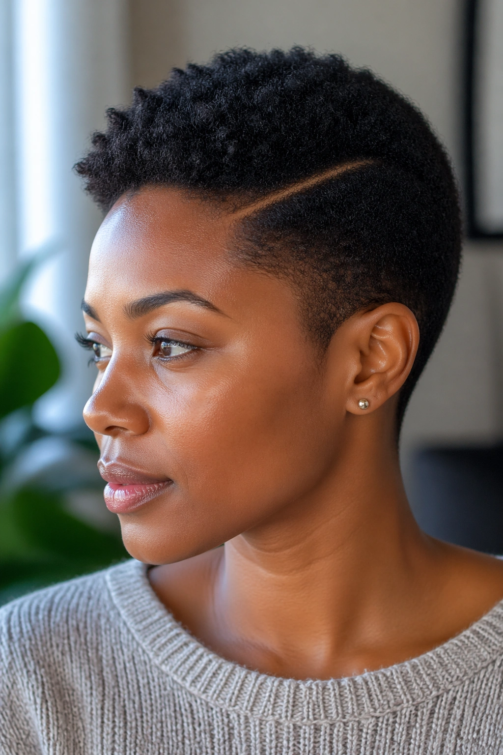 Close-up of a real person with a tapered afro and side part under natural light