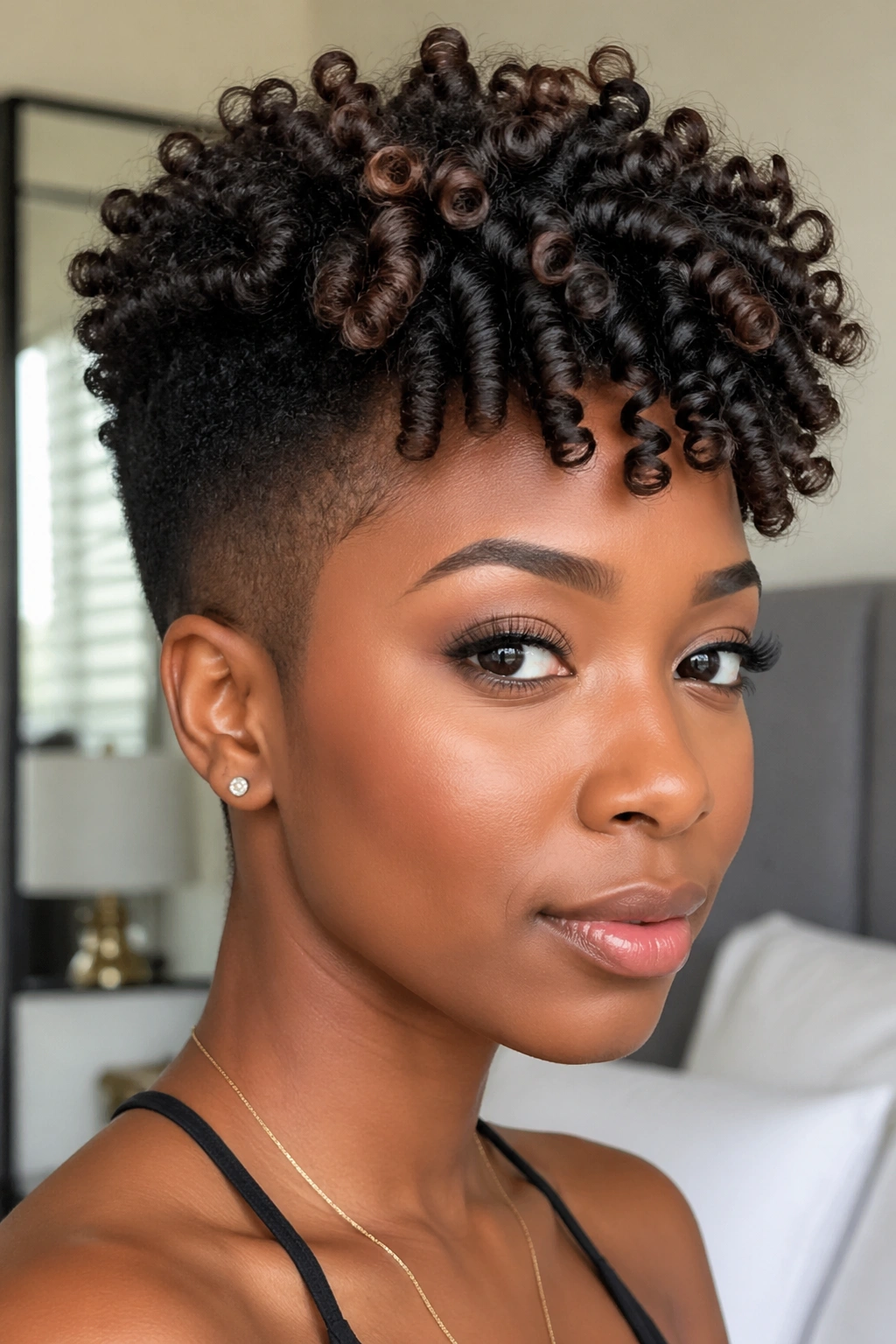 Close-up of a real person with a tapered cut and wand curls on top.