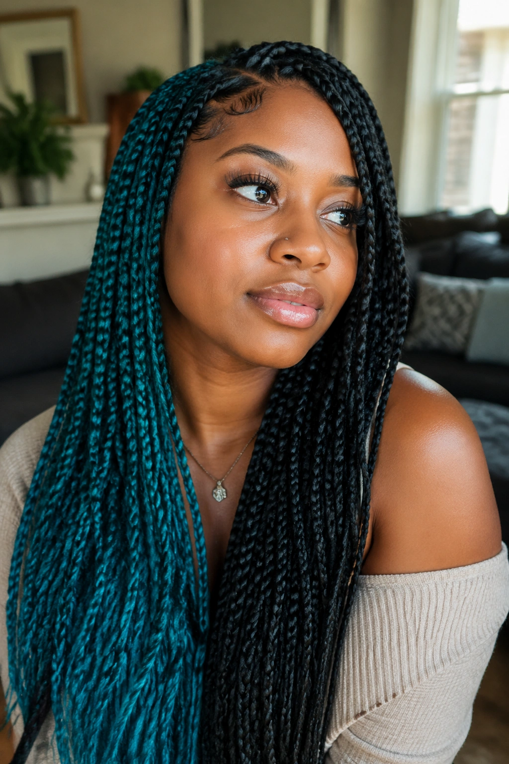 Close-up of a real woman with teal and black split-panel box braids showing teal peeking over the shoulder.