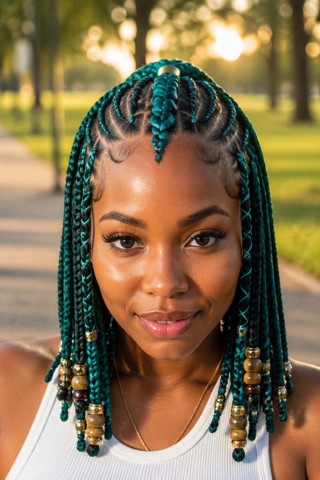 Close-up of real person with teal Fulani braids beads