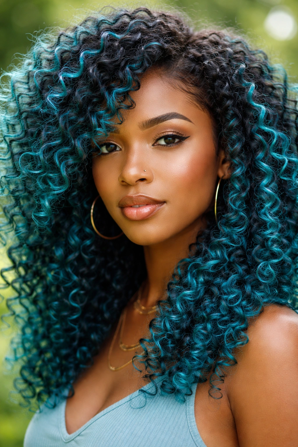 Close-up of teal and ocean-toned curly hair on a real person outdoors