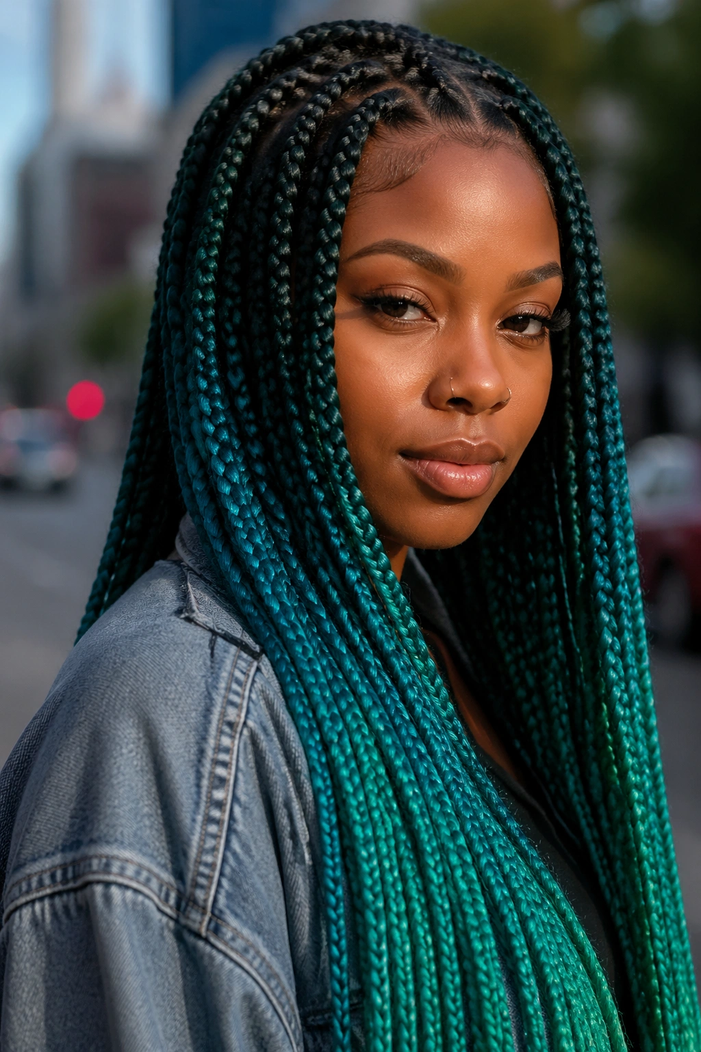 Close-up portrait of a real person with teal-green ombré box braids