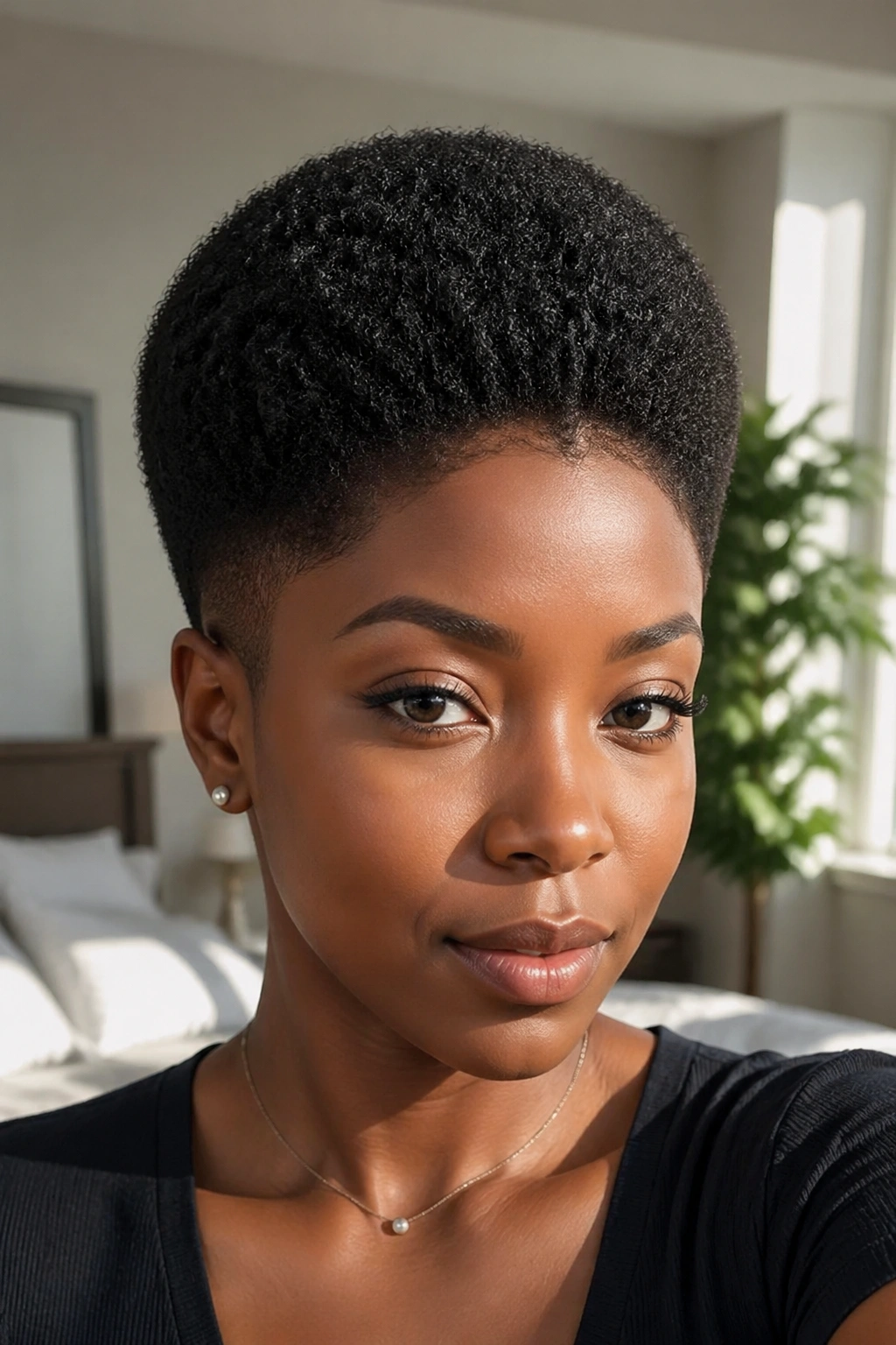 Close-up of a woman with teardrop TWA showing crown volume in sunlight