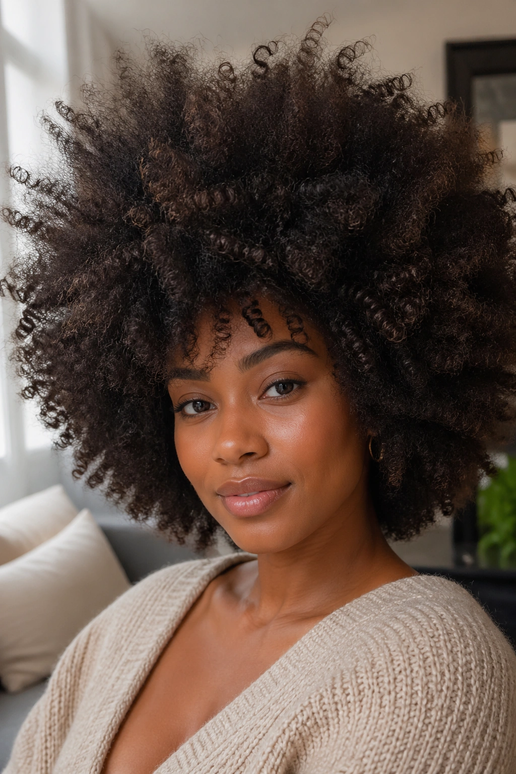 Close-up of a real woman with a teased afro and bold volume in natural light
