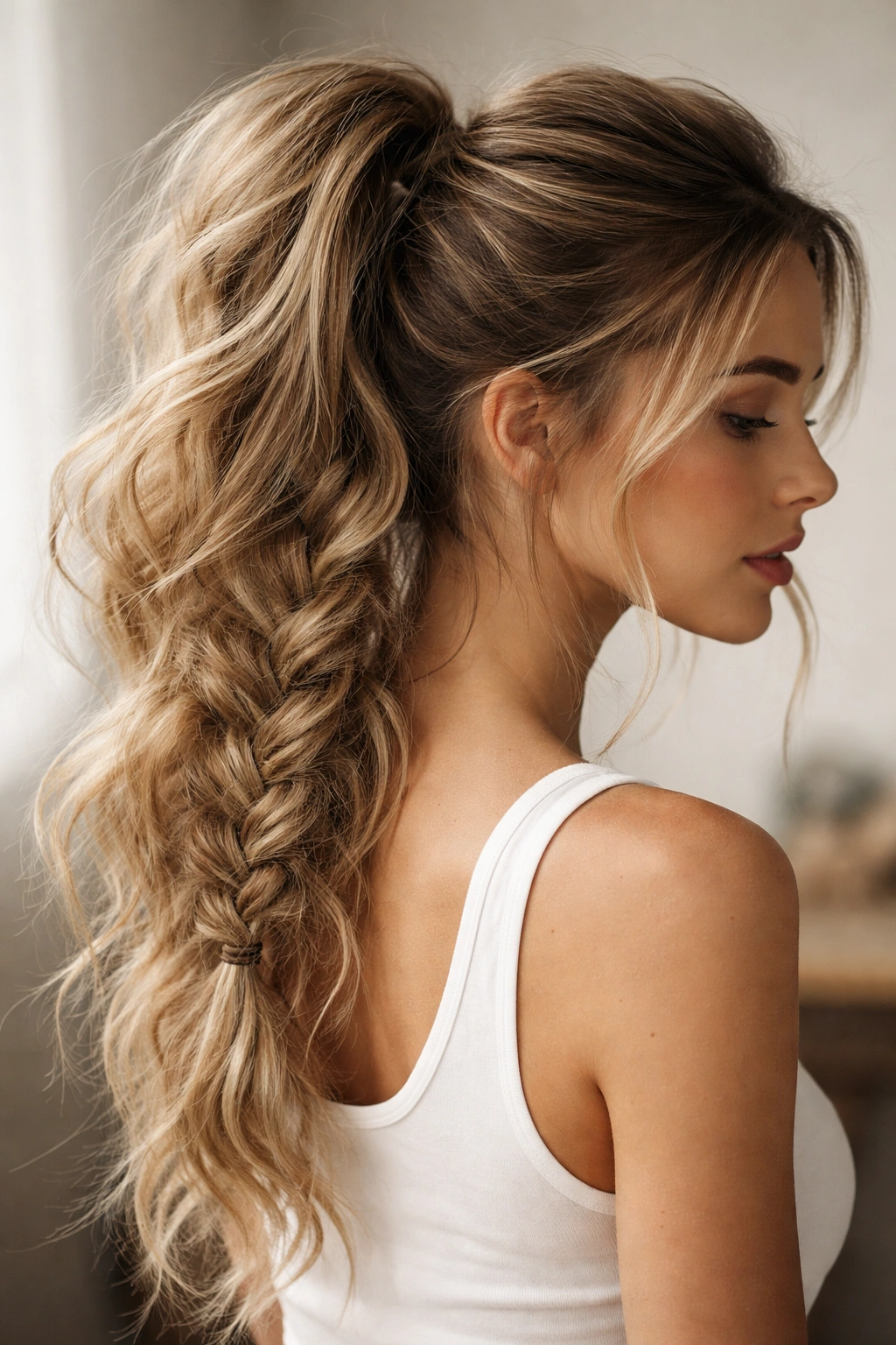 Teased roots crown and loose braid in a braided ponytail
