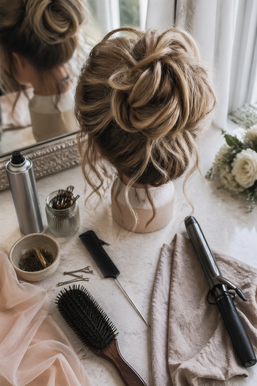 Overhead flat-lay of teased cloud bun styling setup