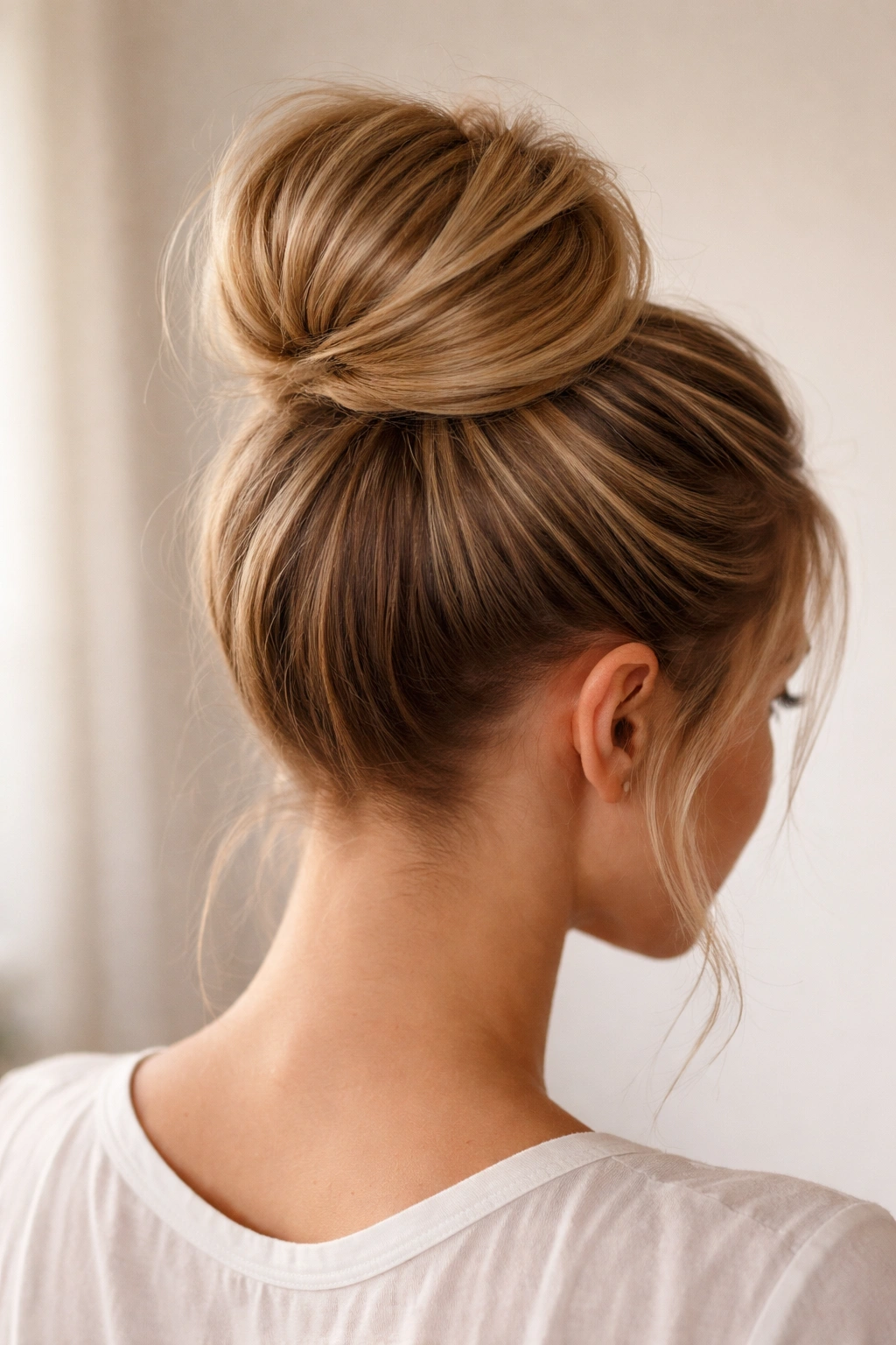 Teased crown adds height with a high bun behind the lifted crown