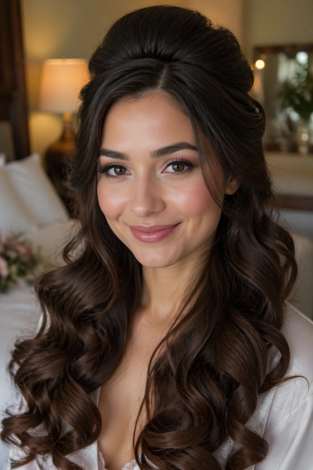 Close-up portrait of a real woman with a voluminous teased crown and curls