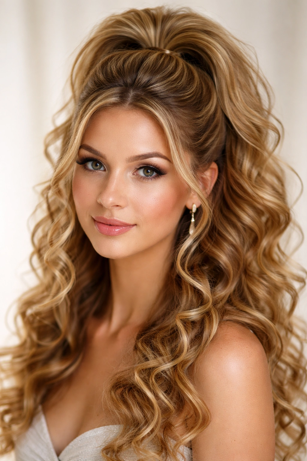 Close-up of teased crown half-up ponytail with lifted crown and defined curls