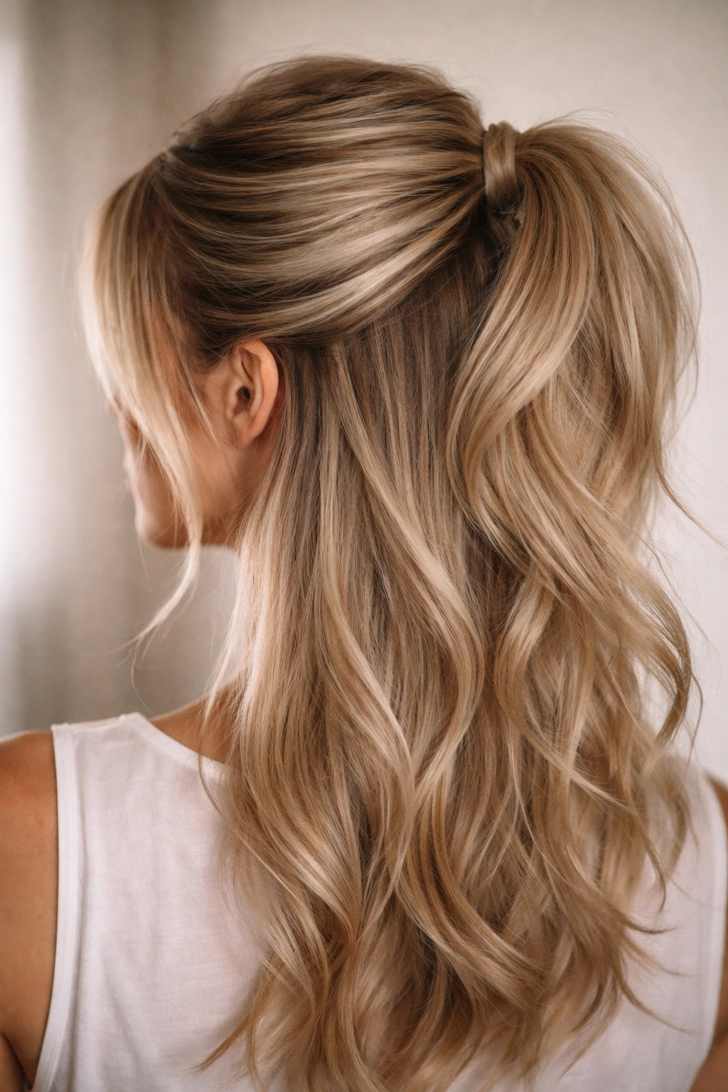 Close-up of a head with a teased crown half up ponytail showing crown lift