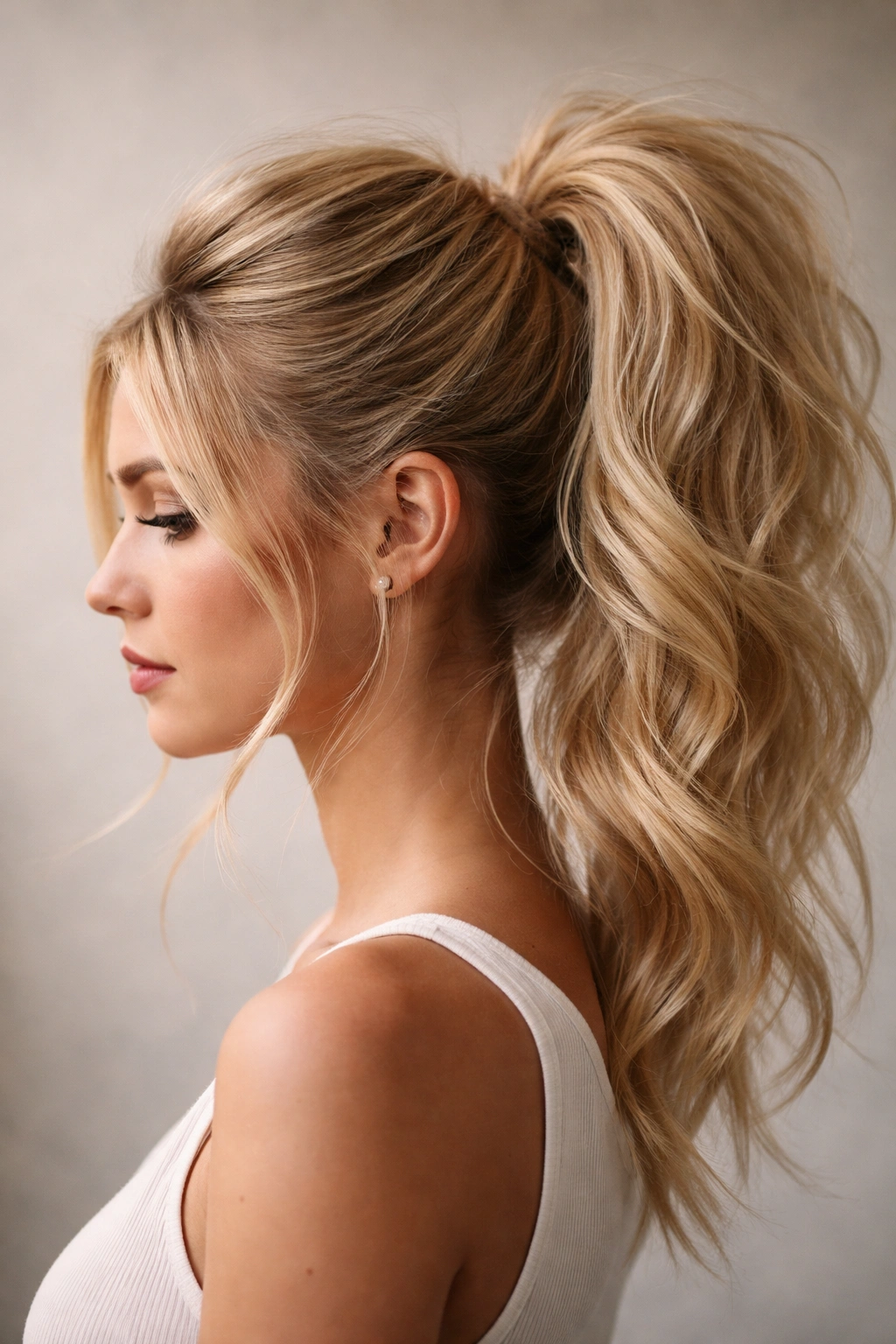 Close-up of blonde hair with a high-volume teased crown ponytail