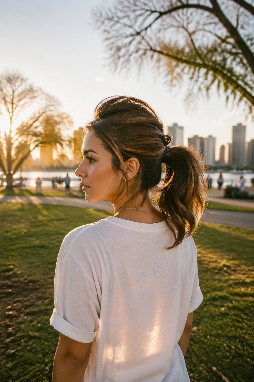 Wide shot of teased crown ponytail in an outdoor park at golden hour.
