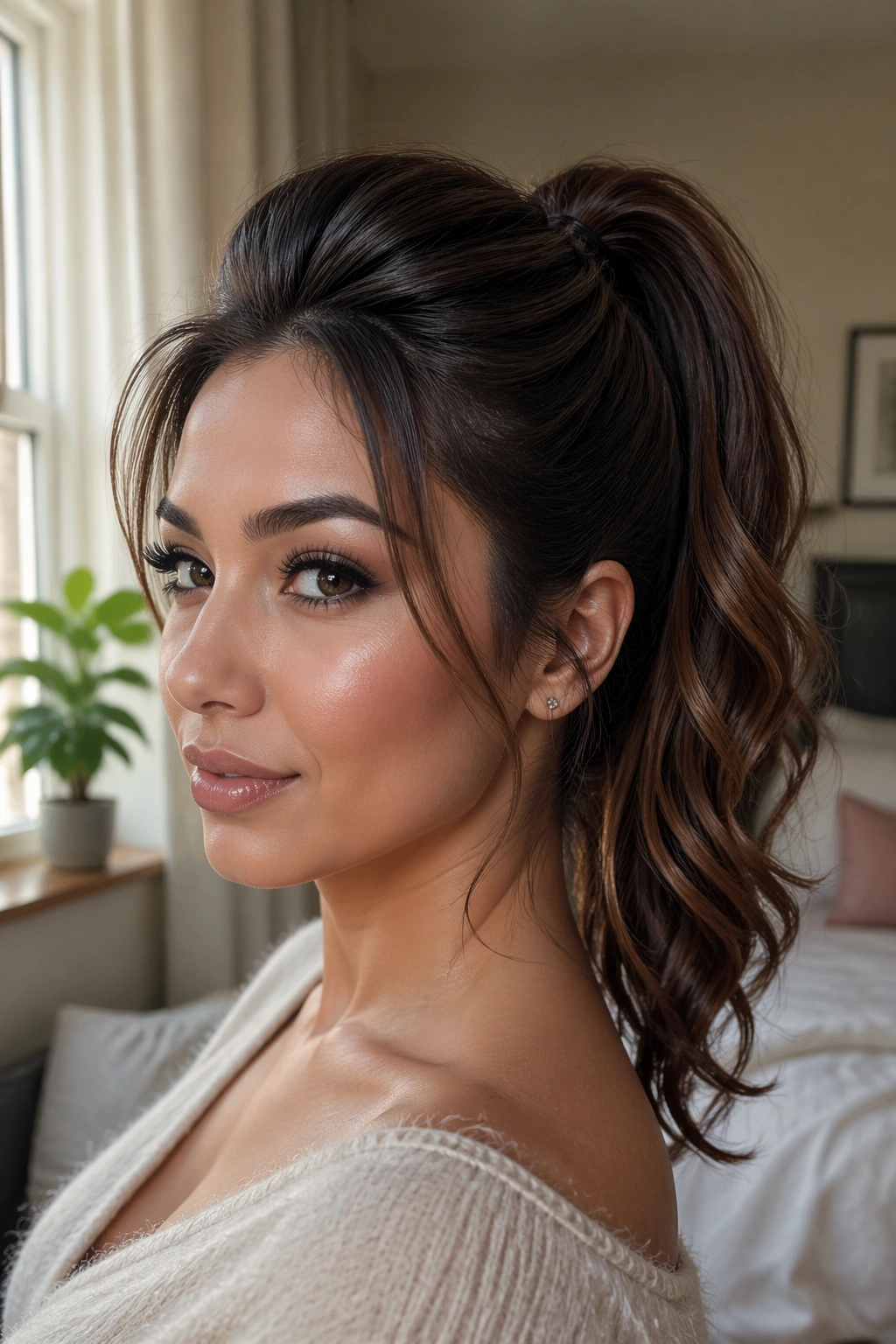 Close-up of a real woman with a teased crown high ponytail in warm bedroom light