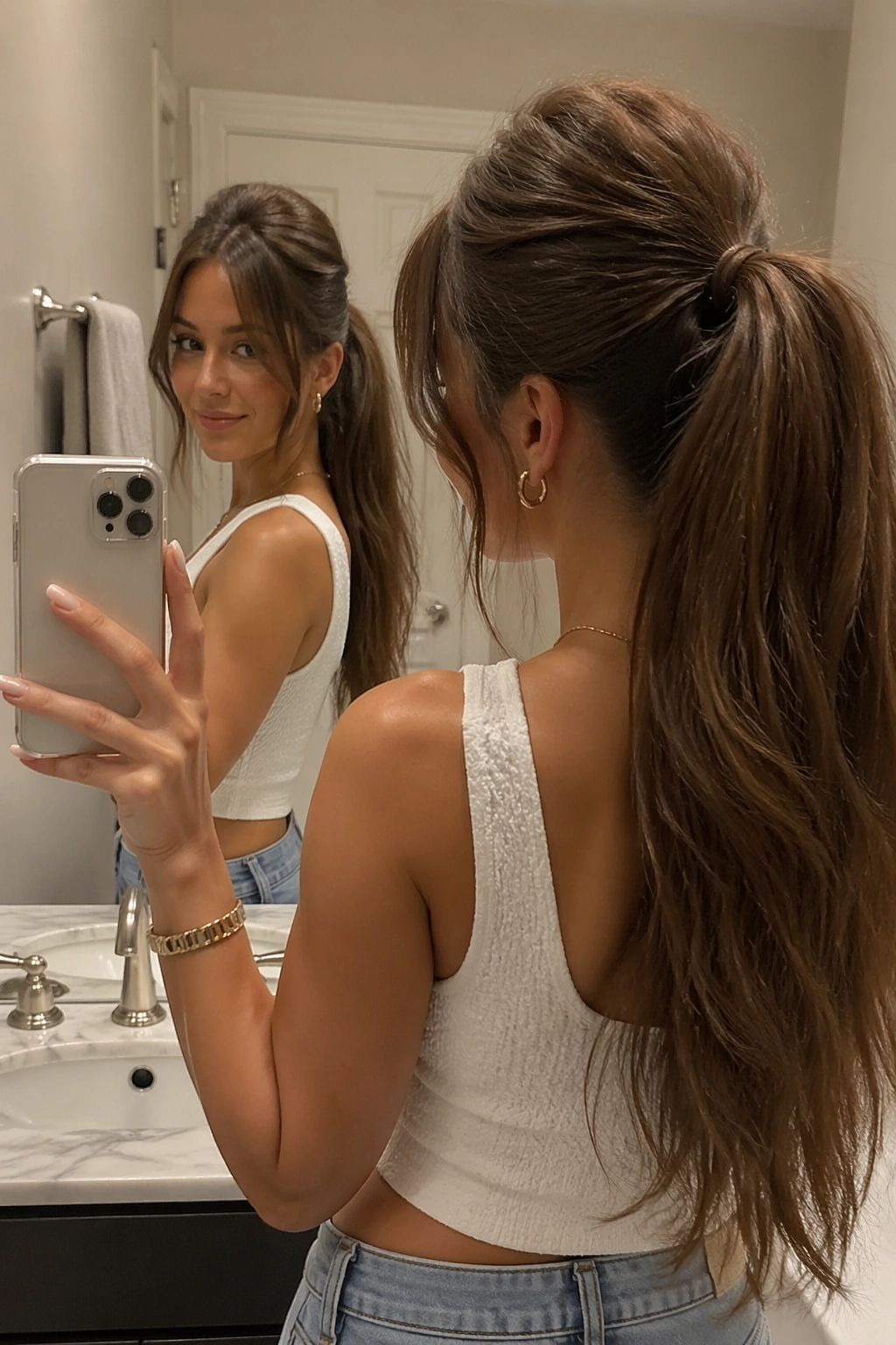 Over-the-shoulder mirror selfie of teased crown ponytail