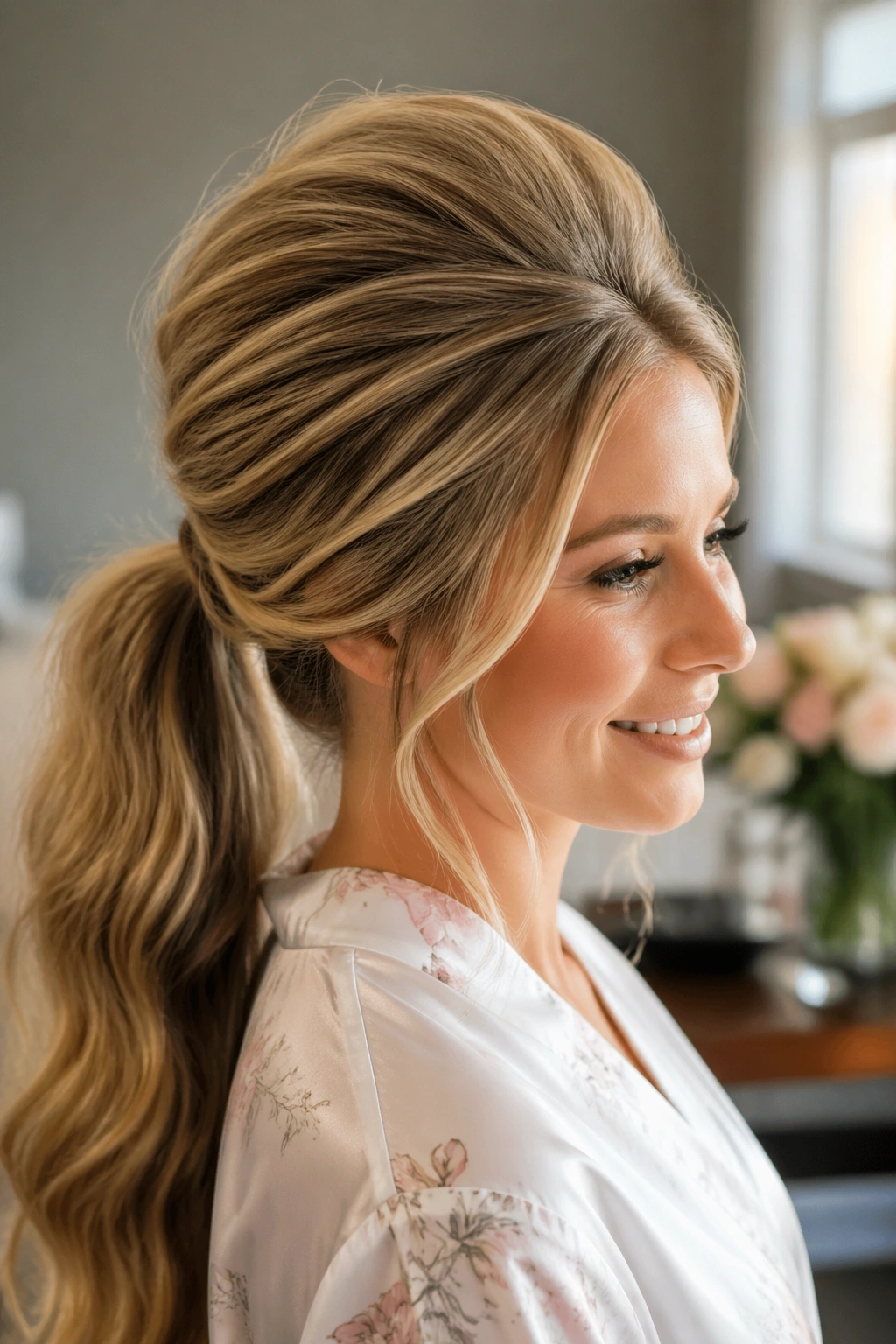 Close-up of a real woman with voluminous teased crown ponytail in a bridal prep room