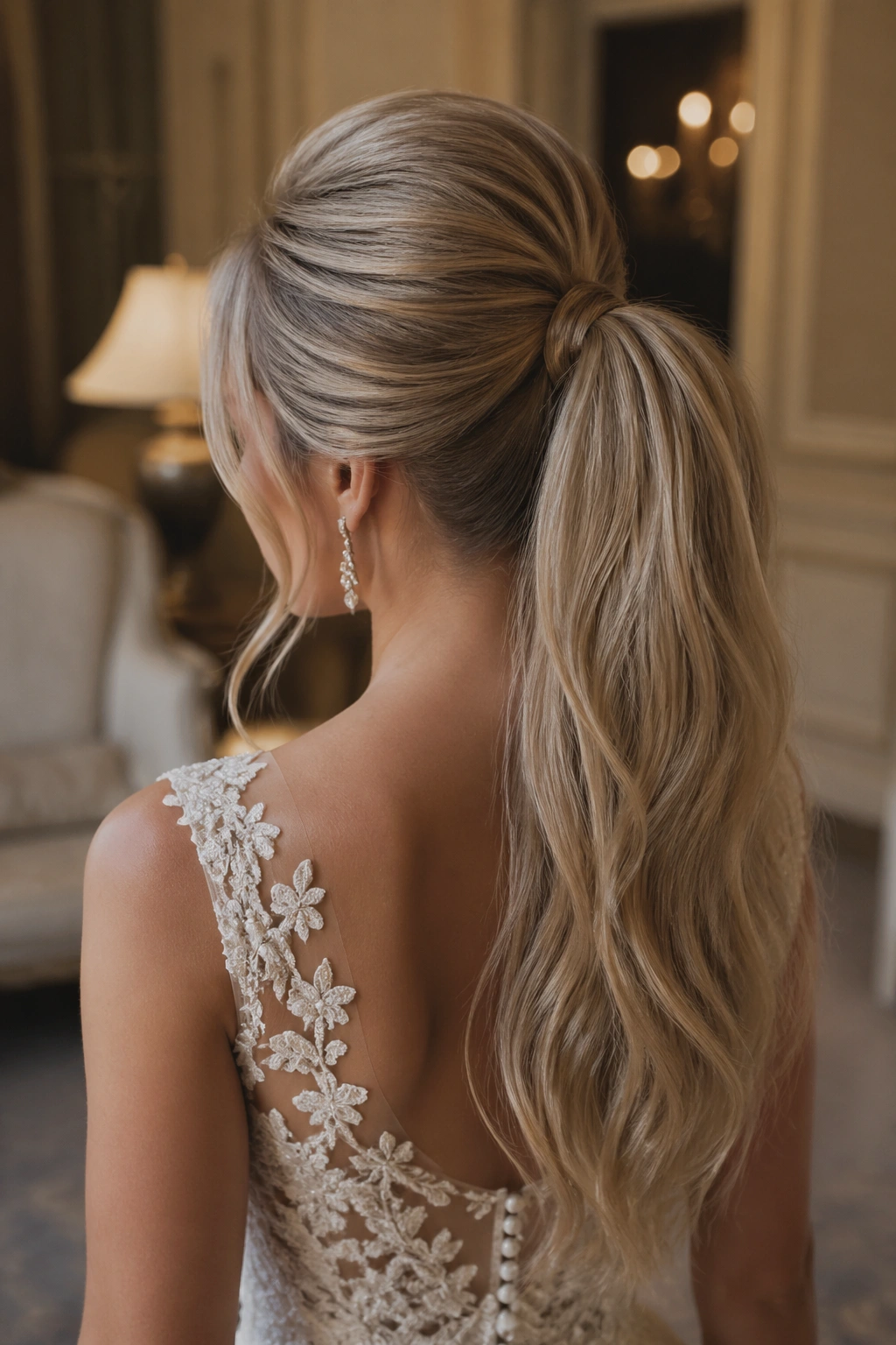 Rear three-quarter view of bride with teased crown ponytail
