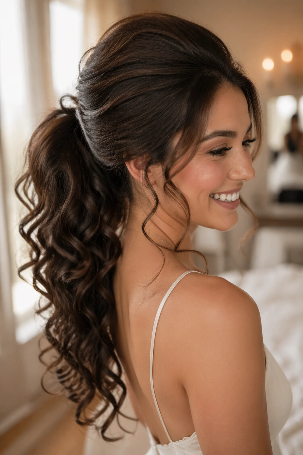 Close-up of real woman with teased crown ponytail and voluminous curls in bridal setting