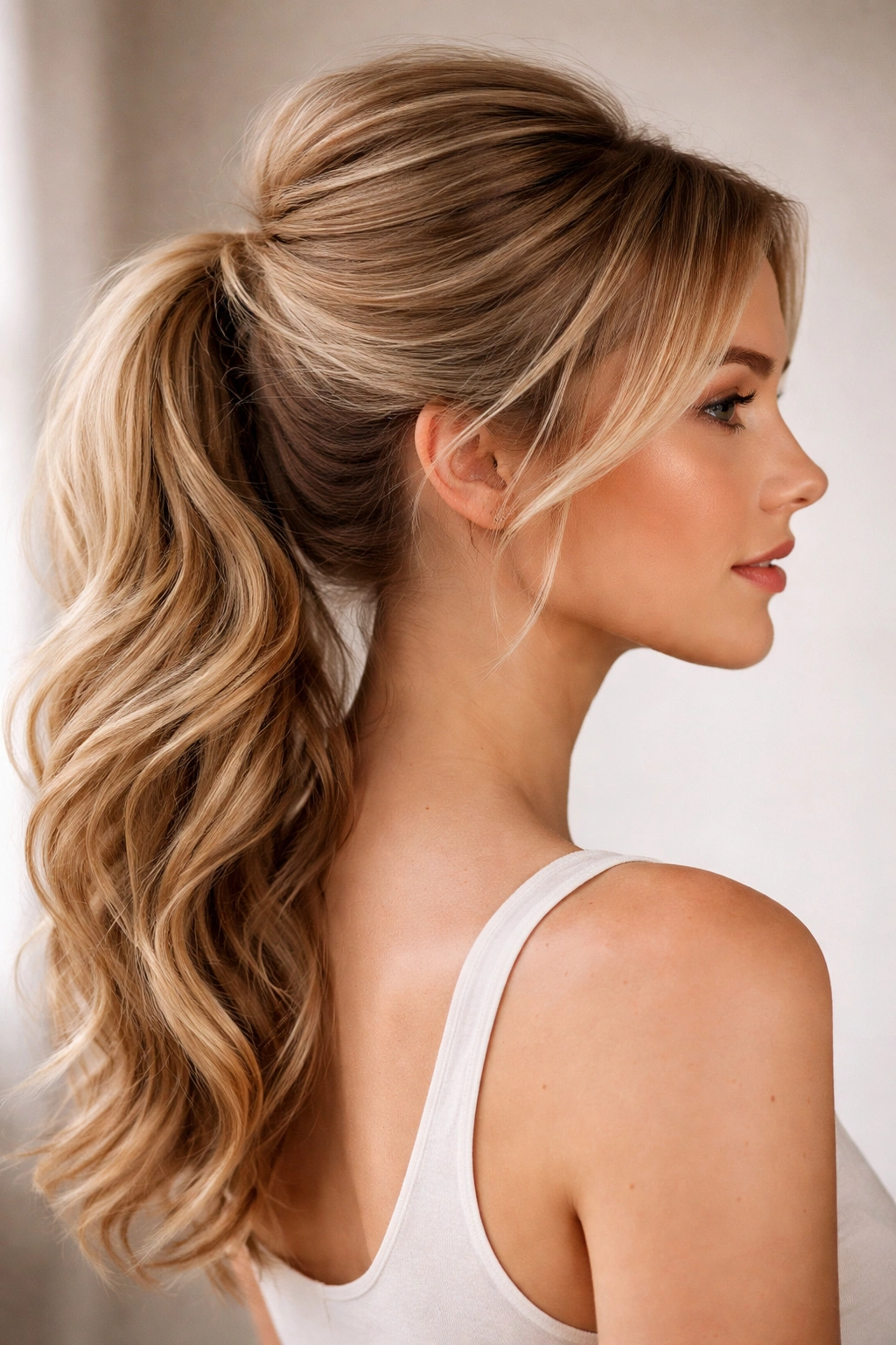 Teased crown side ponytail with subtle lift