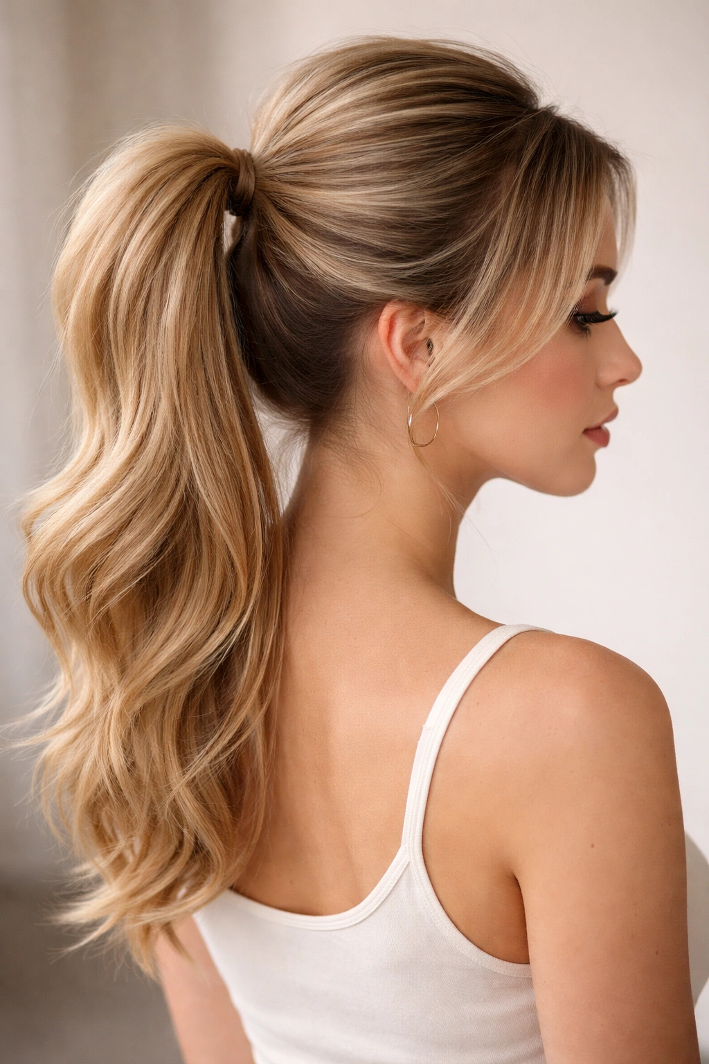 Teased crown mid ponytail with lifted crown and mid-height tail