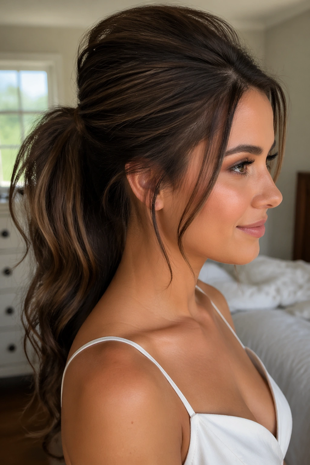 Close-up of a real woman with a teased crown mid ponytail
