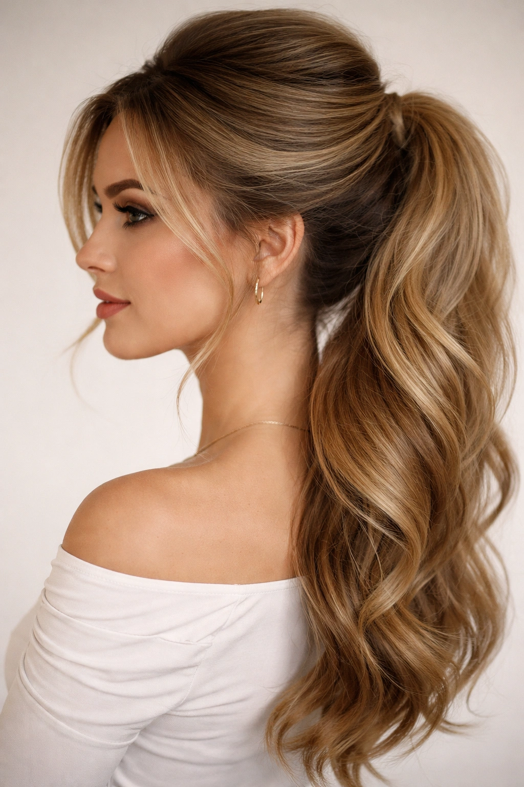 Close-up of teased crown side ponytail showing lifted crown and smooth top layer
