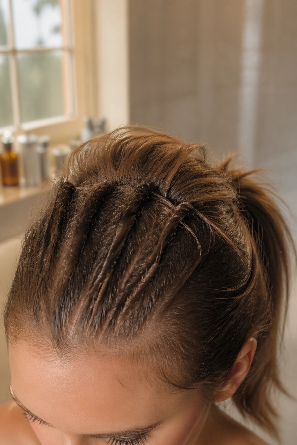 Close-up of teased crown adding lift to thin hair