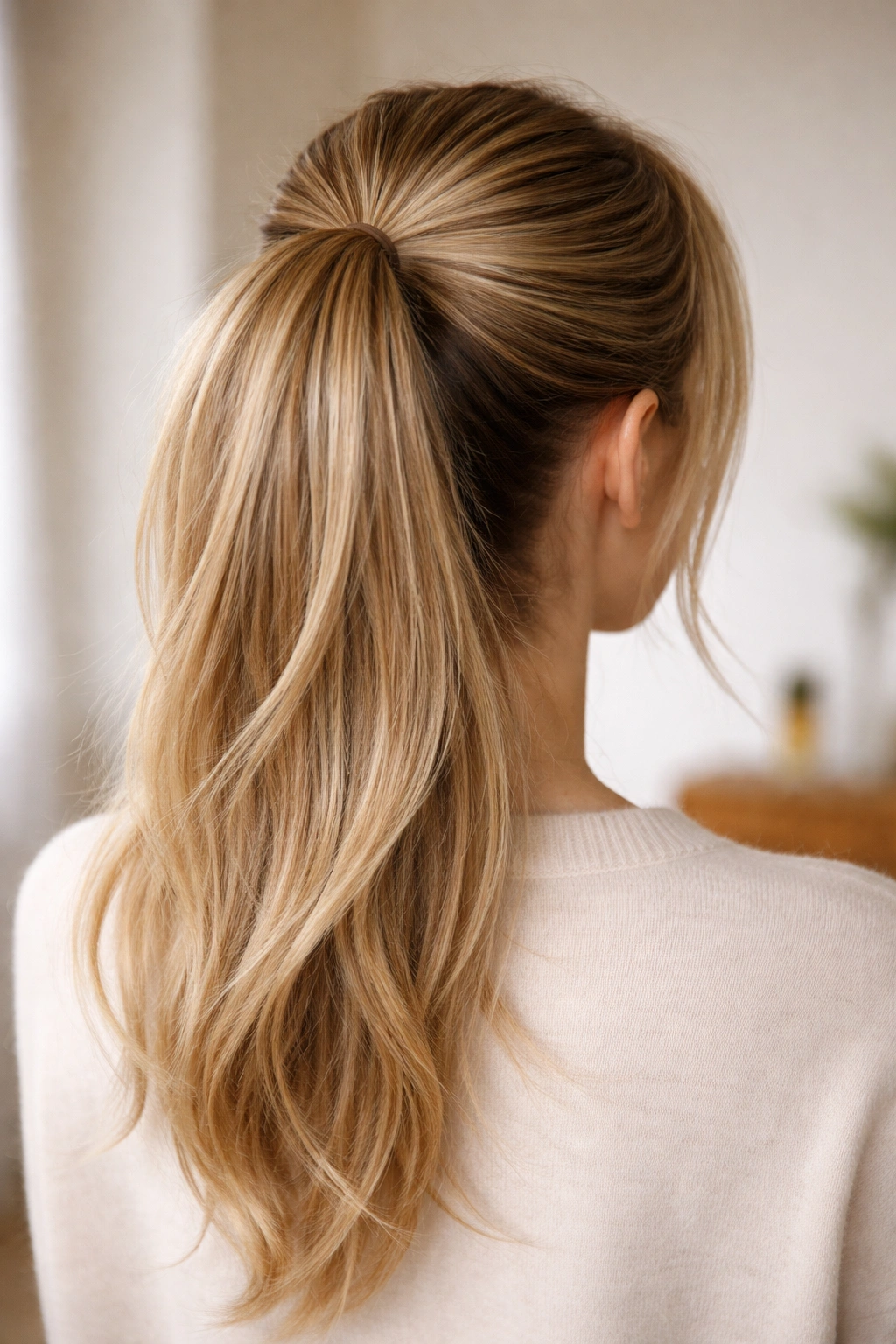 Back view showing teased crown and relaxed ponytail for volume without curls