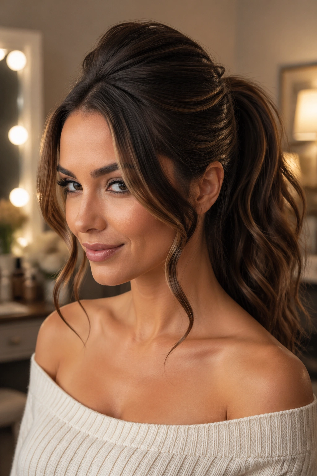 Close-up of a real woman with teased crown double swoop ponytail.