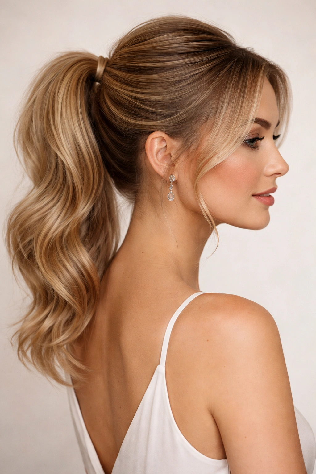 Teased ponytail with crown lift and smooth outer layer.