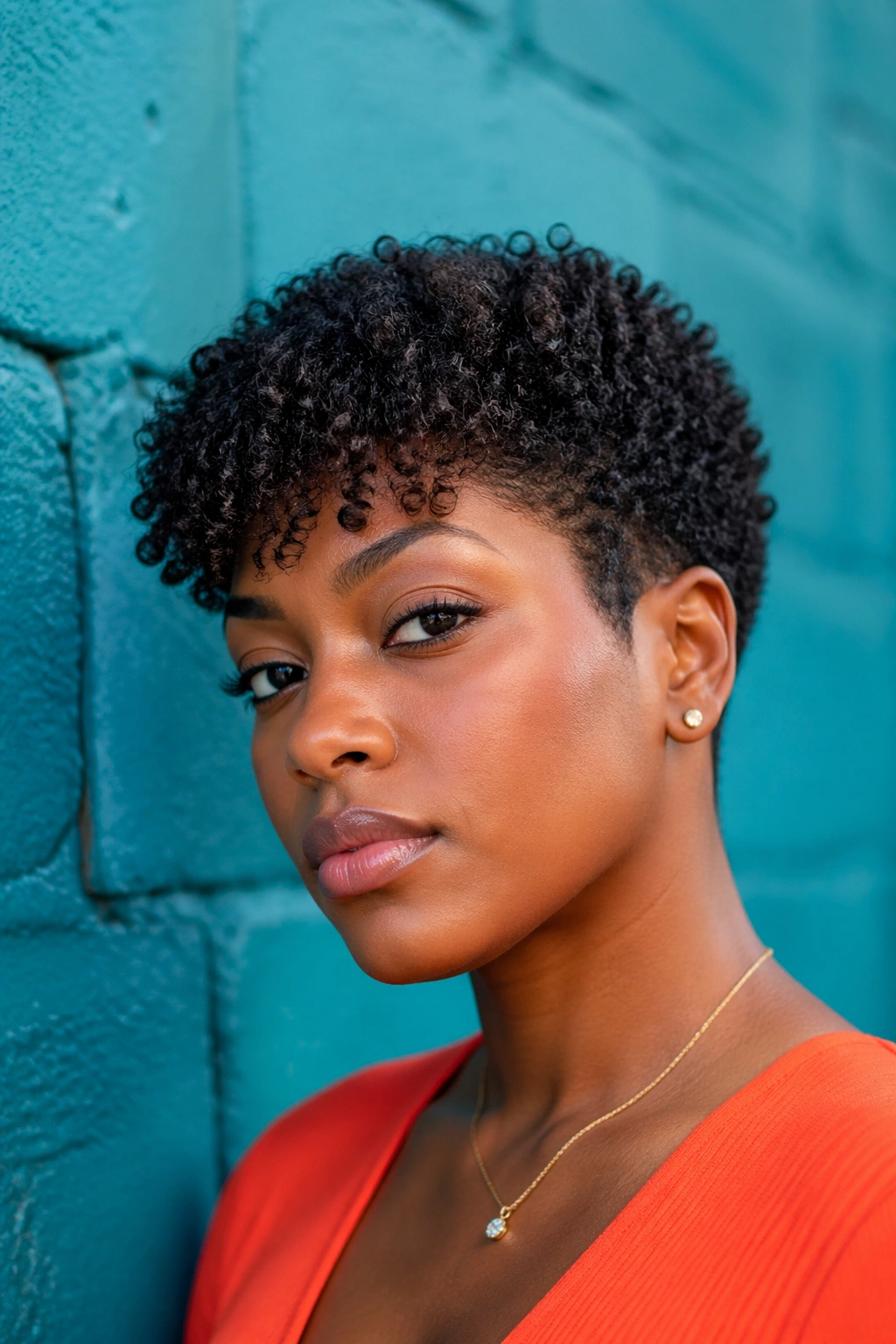 Close-up of a real person with a teeny weeny afro and front curly bangs
