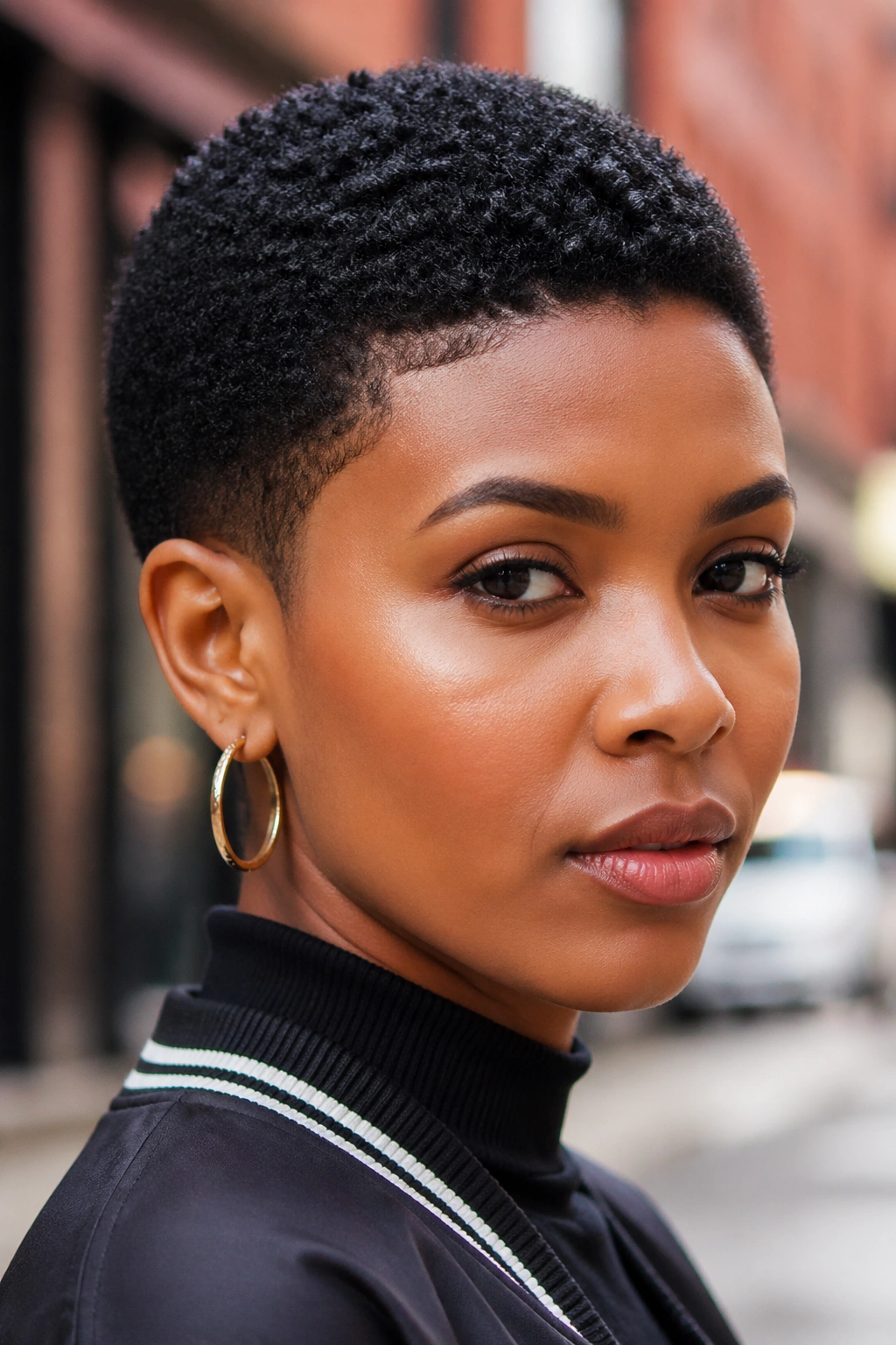 Close-up of a real woman with a teeny weeny afro and clean edges