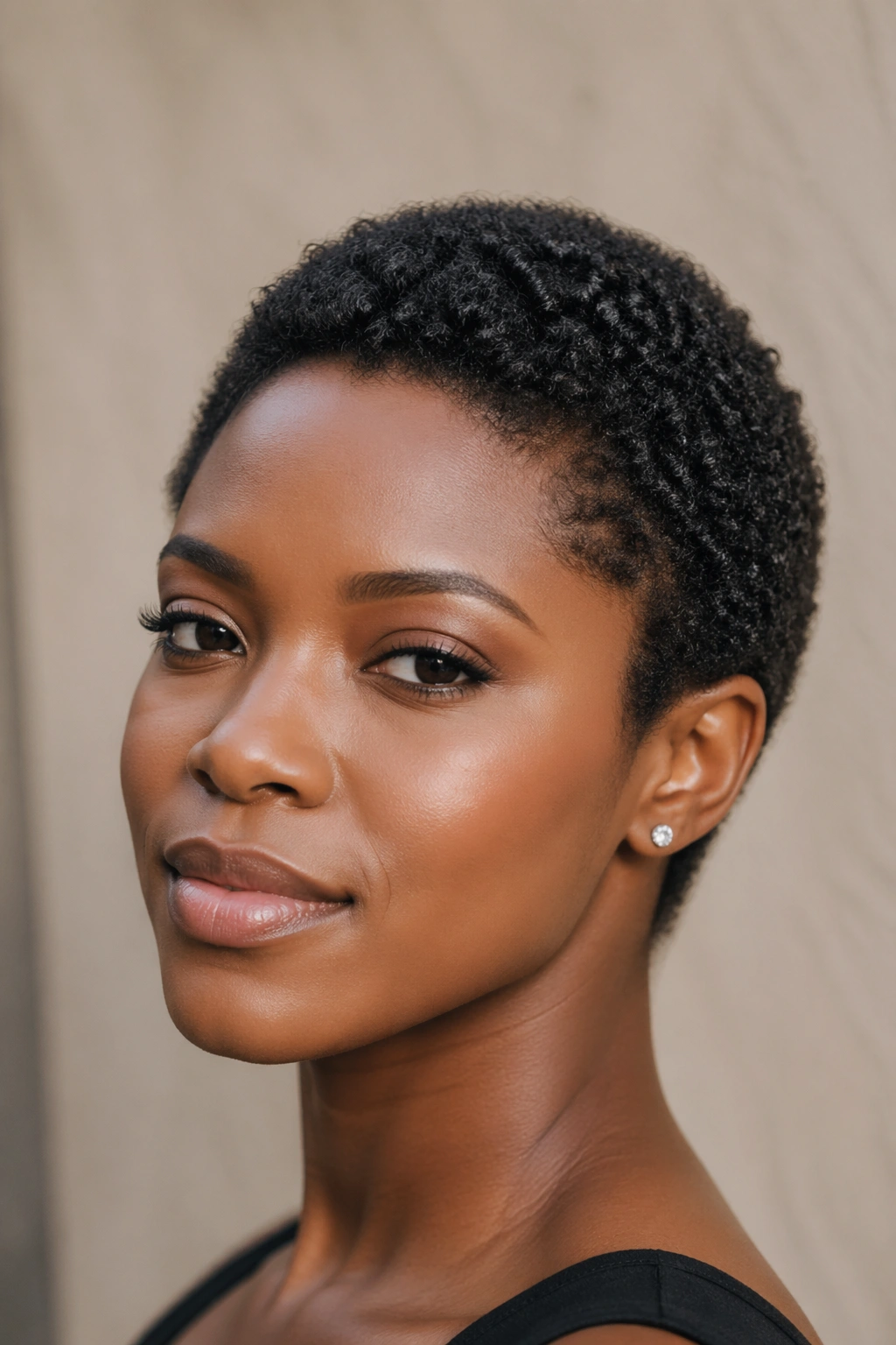 Close-up of a real Black woman with a Teeny Weeny Afro under soft light