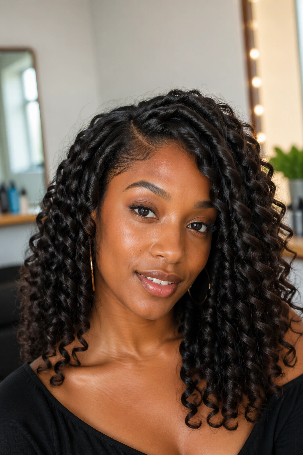 Close-up portrait of a Black woman with wand curls, illustrating temperature guidelines through hair definition