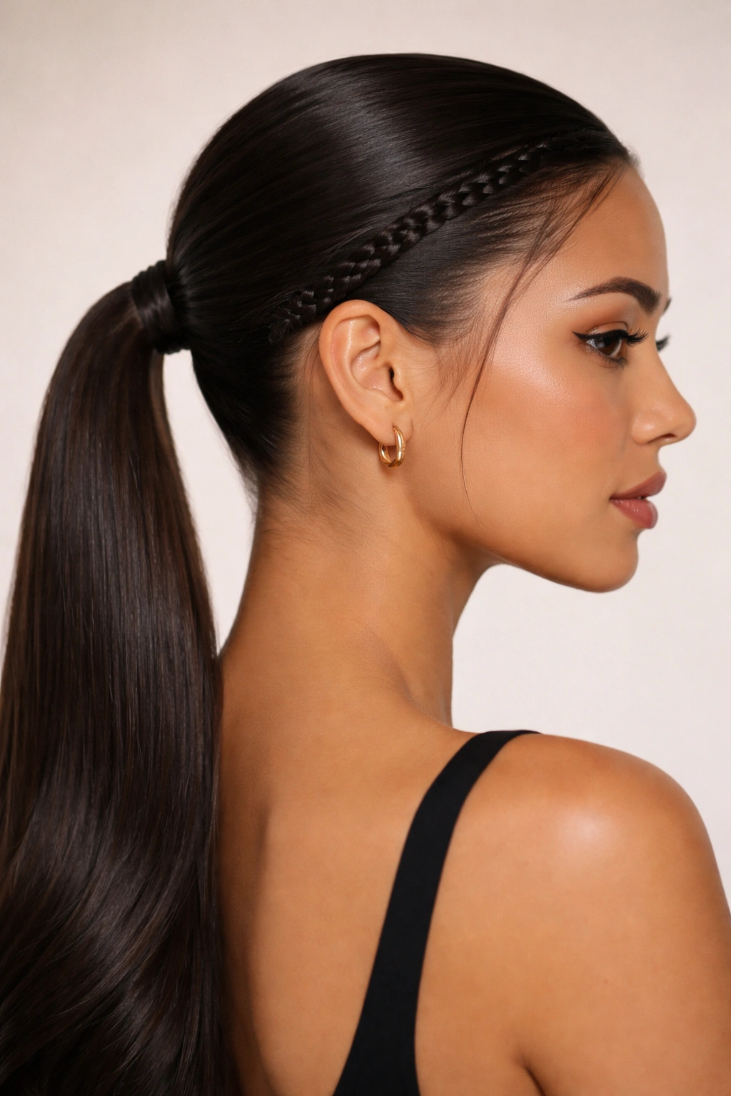 Close-up of a low sleek ponytail with a temple braid integrated into the base