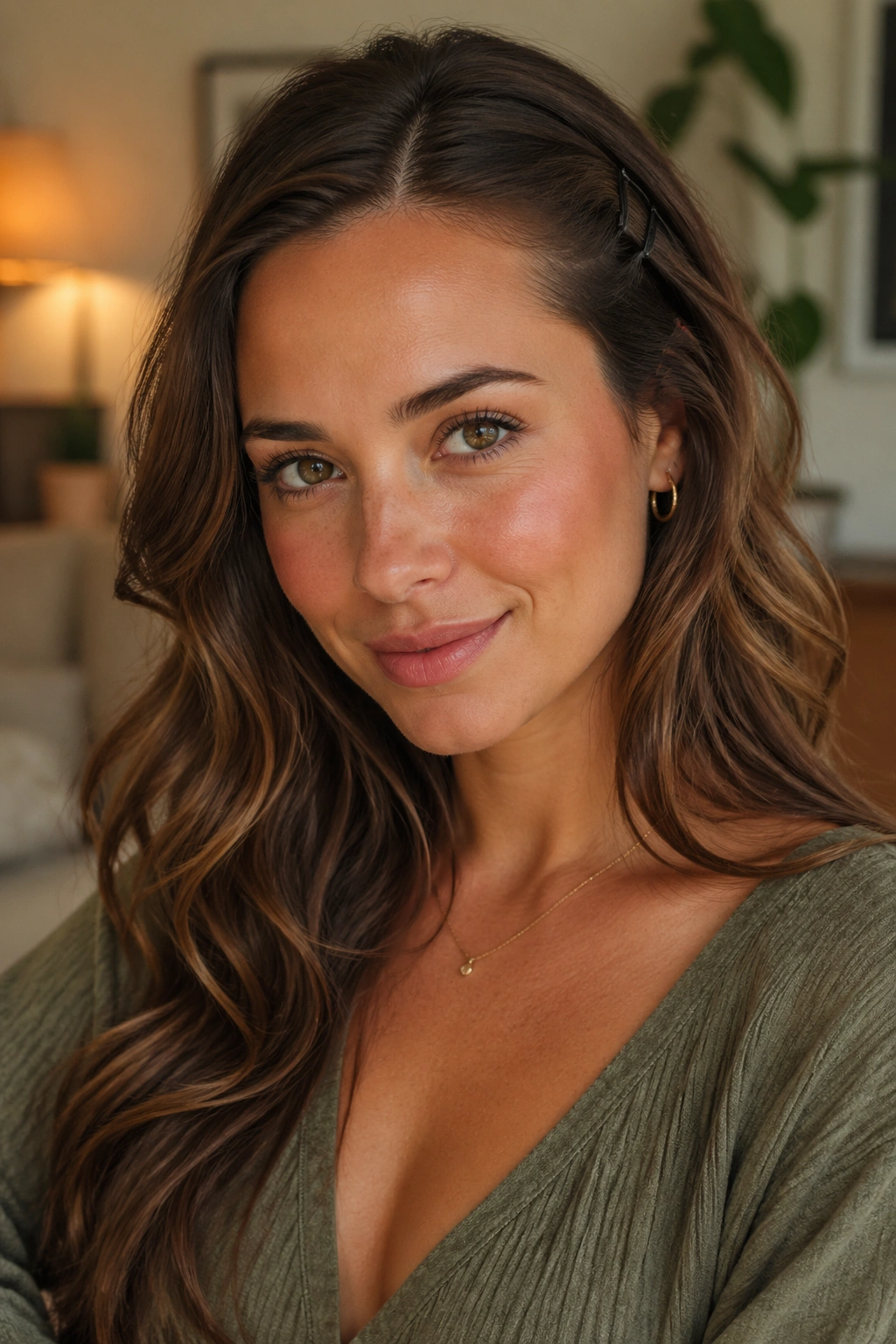 Close-up portrait of a real woman with temple clips and waves