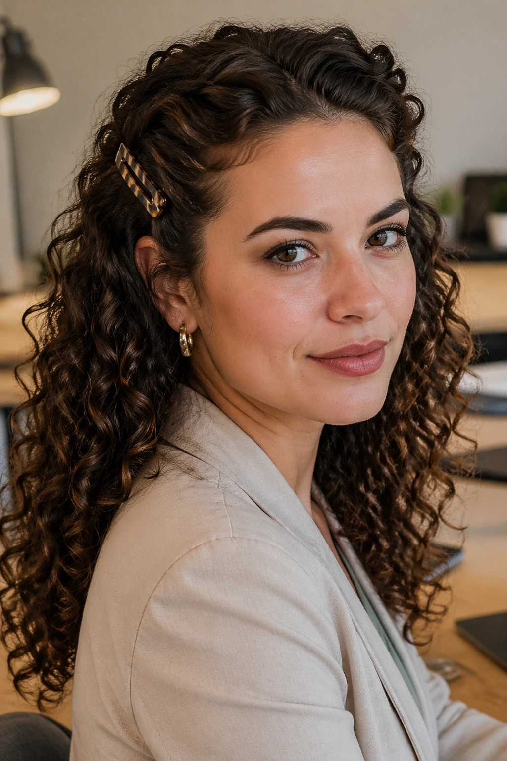 Close-up of a real woman with swept-back temple clips for workdays