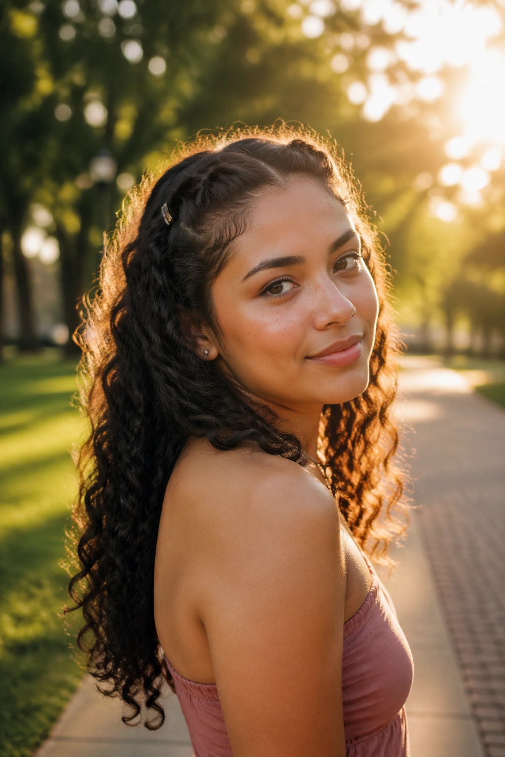 Temple curls clipped back in campus setting