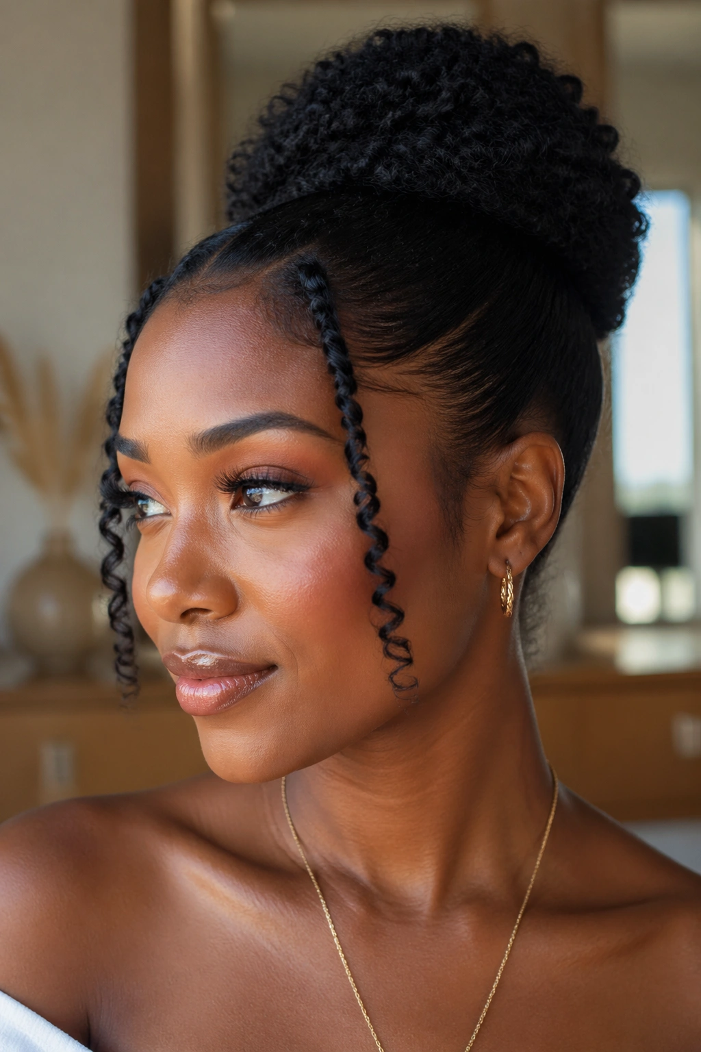 Temple ringlets framing the face against a natural updo on a real person