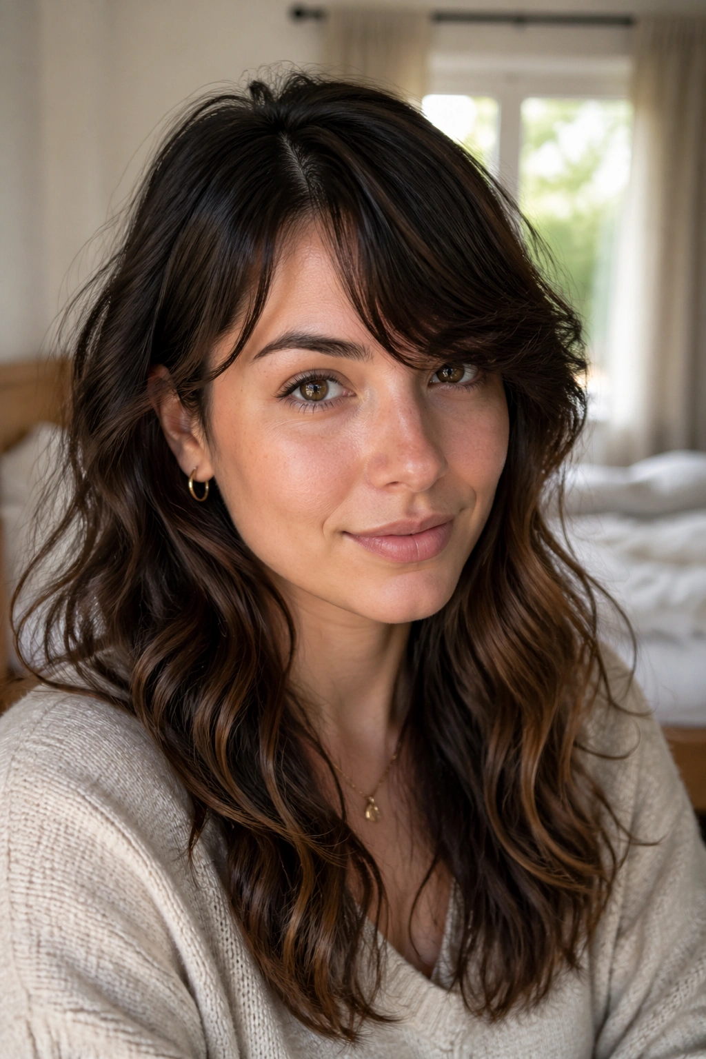 Close-up portrait of a real woman with temple-start fringe on wavy hair in a sunlit bedroom